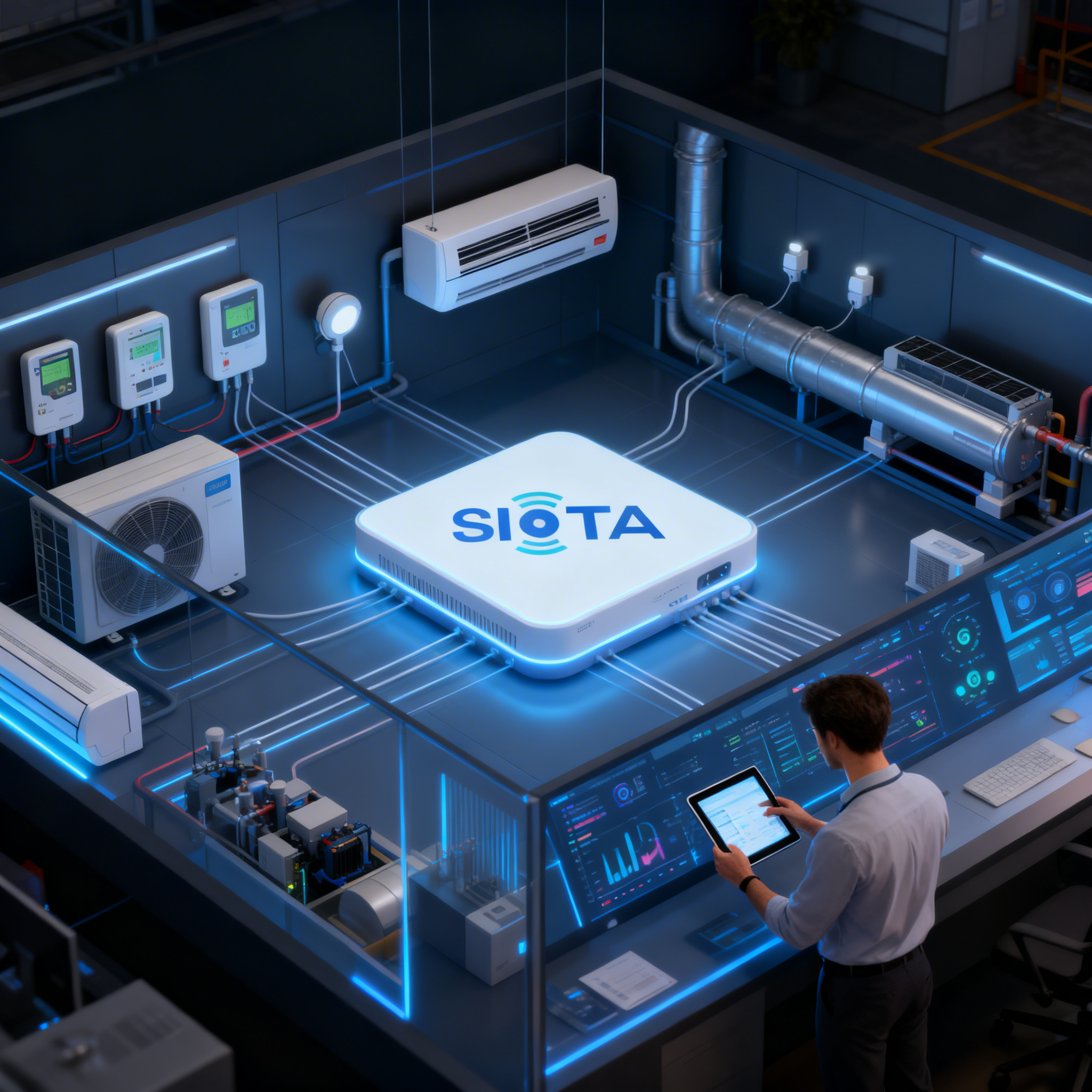 IoT platform connecting and controlling multiple facility assets including air conditioners, energy meters, and electrical systems from a centralized dashboard.