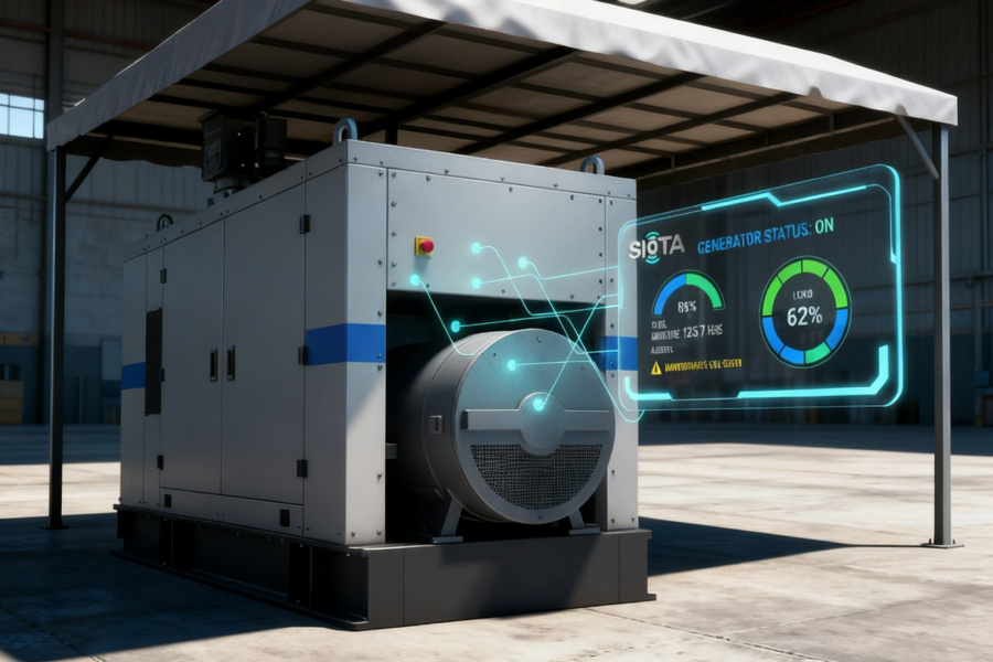 IoT-based diesel generator monitoring system showing real-time dashboard with fuel level, runtime, load, and on/off status.