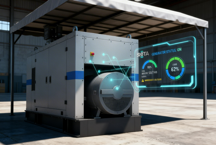IoT-based diesel generator monitoring system showing real-time dashboard with fuel level, runtime, load, and on/off status.