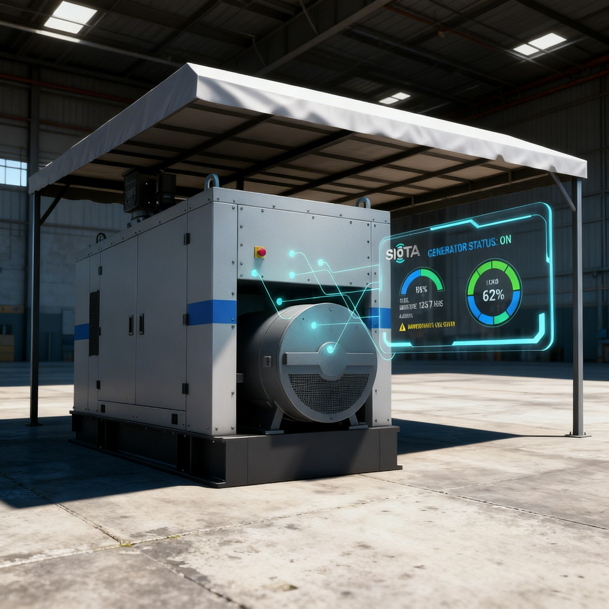 IoT-based diesel generator monitoring system showing real-time dashboard with fuel level, runtime, load, and on/off status.