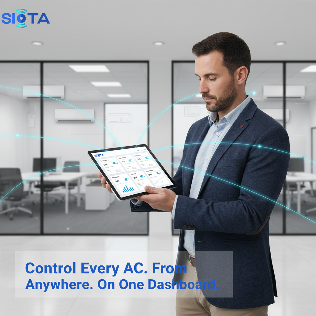 IoT-based HVAC automation system controlling multiple split air conditioners from a centralized dashboard with real-time temperature, status, and energy monitoring.