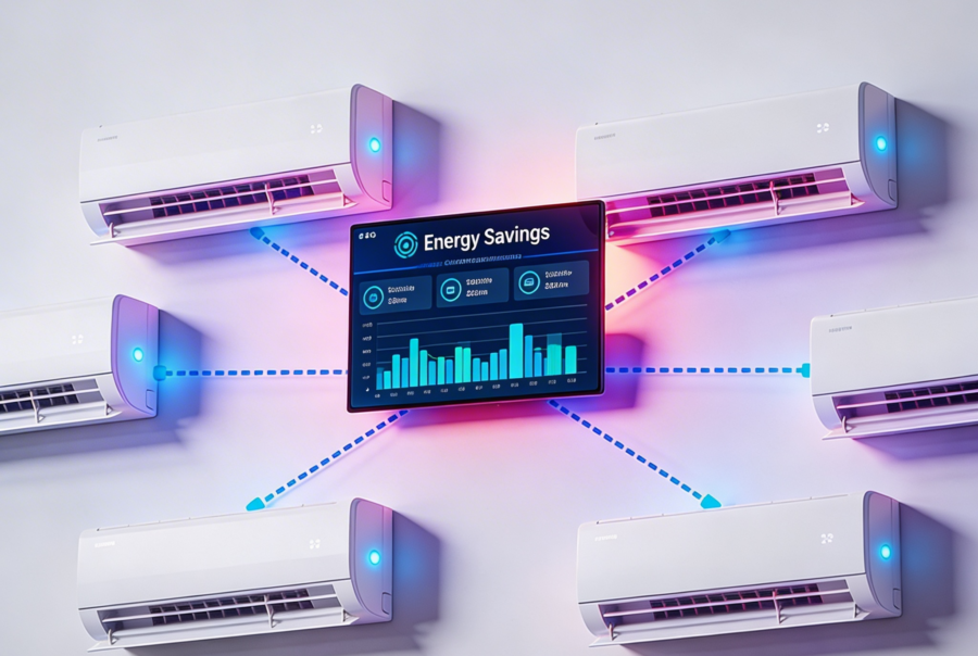 IoT-based HVAC automation system controlling multiple split air conditioners from a centralized dashboard with real-time temperature, status, and energy monitoring.