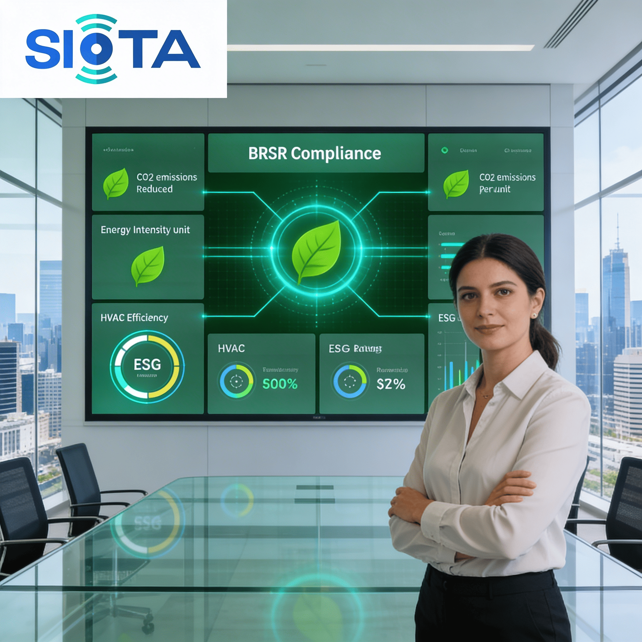 Title: SIOTA BRSR Compliance & ESG Dashboard — Sustainability Director Boardroom Alt Text: Sustainability director standing confidently in a glass-walled boardroom with SIOTA BRSR compliance dashboard showing CO2 emissions reduced, HVAC efficiency, ESG rating and energy intensity