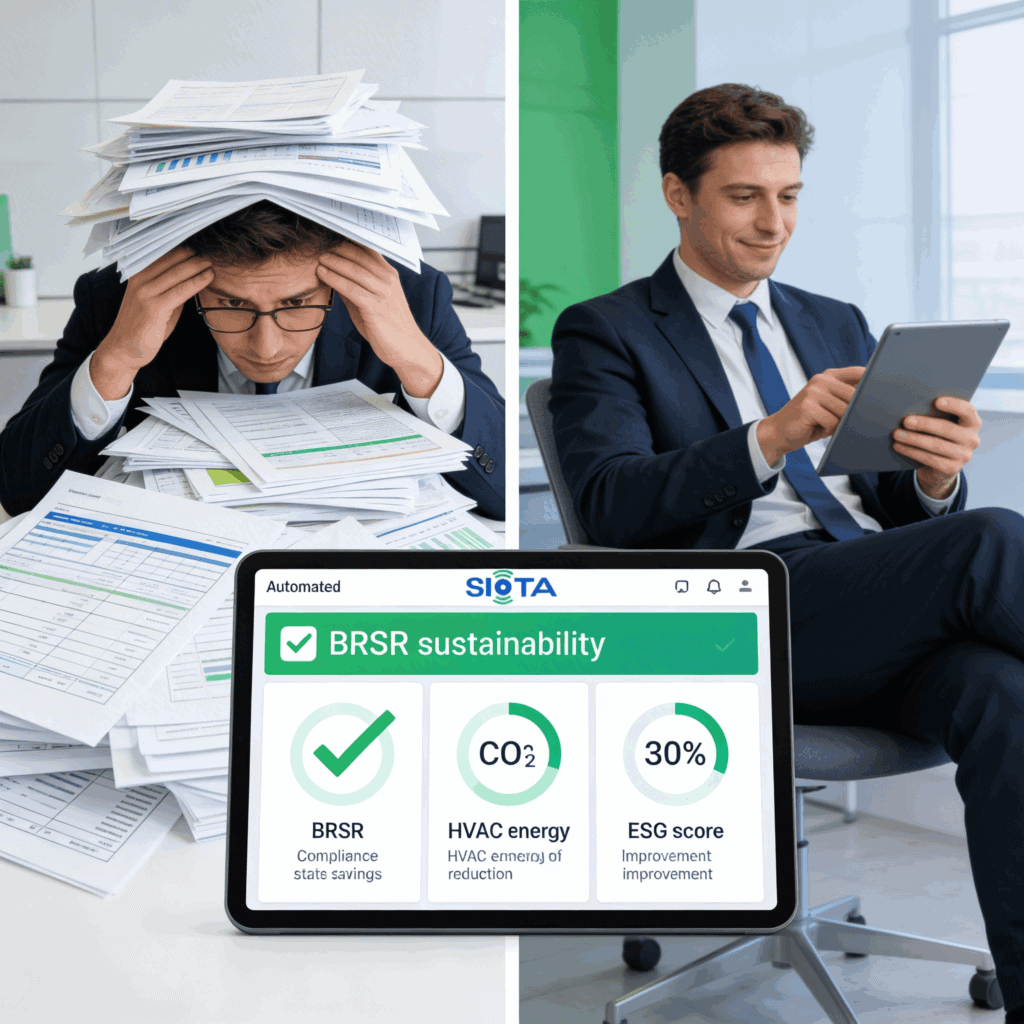 Manual BRSR Compliance vs SIOTA Automated ESG Sustainability Platform Alt Text: Split image showing stressed compliance officer buried under manual BRSR paper reports on left versus relaxed professional using SIOTA automated BRSR sustainability dashboard on tablet on right with CO2 HVAC energy and ESG score metrics