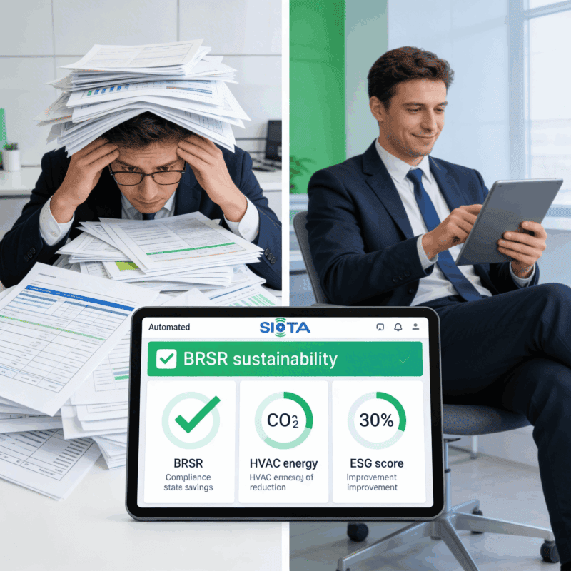 Manual BRSR Compliance vs SIOTA Automated ESG Sustainability Platform Alt Text: Split image showing stressed compliance officer buried under manual BRSR paper reports on left versus relaxed professional using SIOTA automated BRSR sustainability dashboard on tablet on right with CO2 HVAC energy and ESG score metrics
