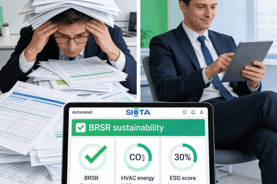 Manual BRSR Compliance vs SIOTA Automated ESG Sustainability Platform Alt Text: Split image showing stressed compliance officer buried under manual BRSR paper reports on left versus relaxed professional using SIOTA automated BRSR sustainability dashboard on tablet on right with CO2 HVAC energy and ESG score metrics
