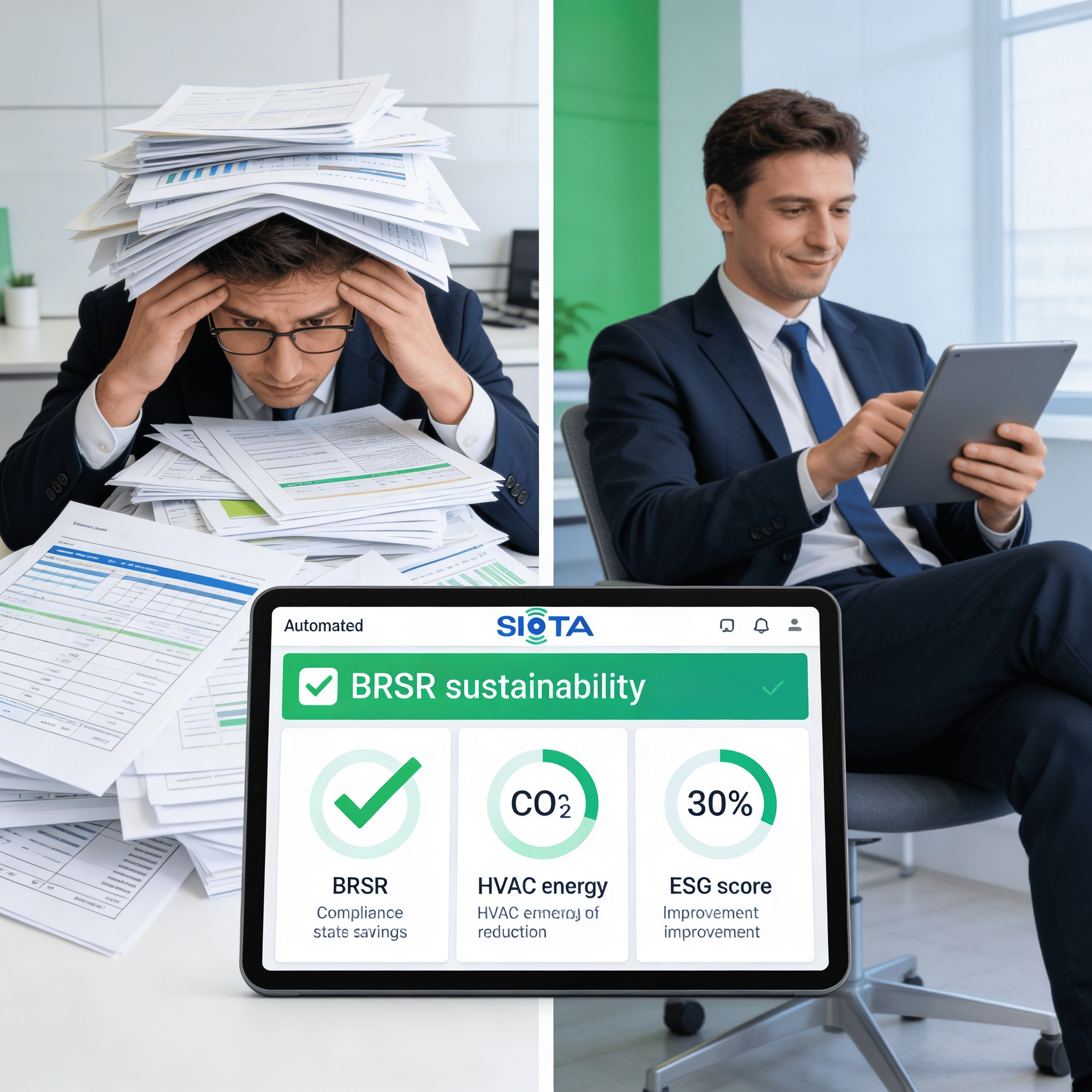 Manual BRSR Compliance vs SIOTA Automated ESG Sustainability Platform Alt Text: Split image showing stressed compliance officer buried under manual BRSR paper reports on left versus relaxed professional using SIOTA automated BRSR sustainability dashboard on tablet on right with CO2 HVAC energy and ESG score metrics