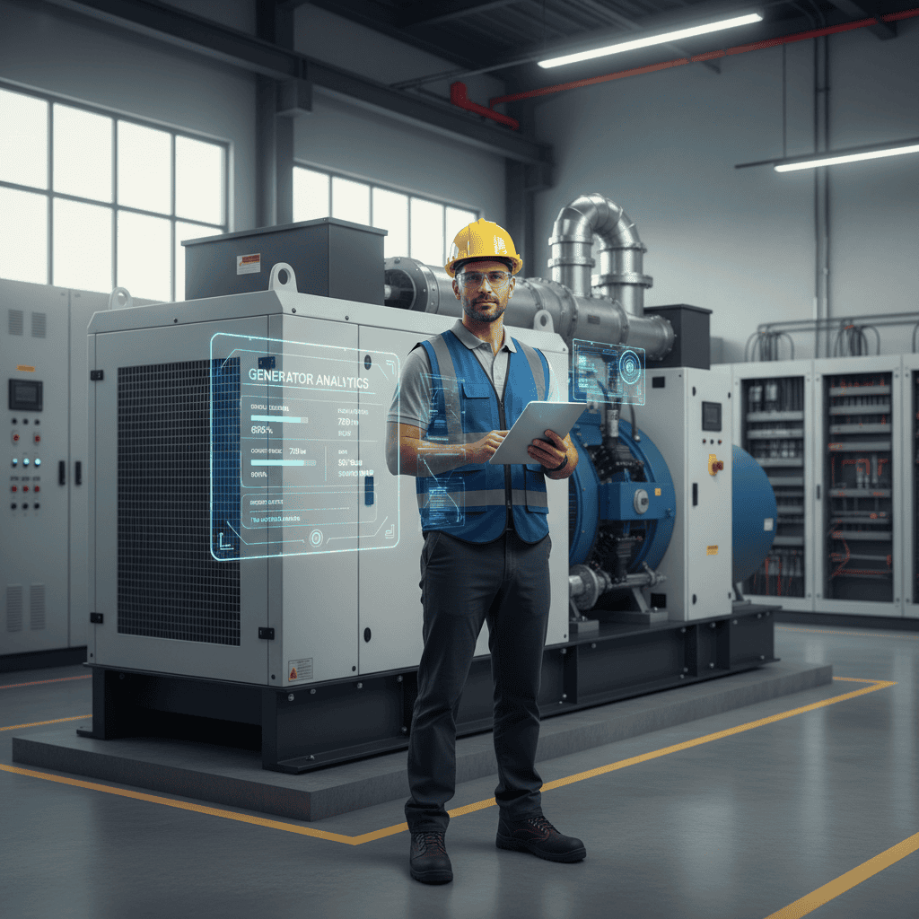 Industrial engineer in helmet and safety vest holding a tablet beside a large diesel generator set showing generator analytics on a holographic display