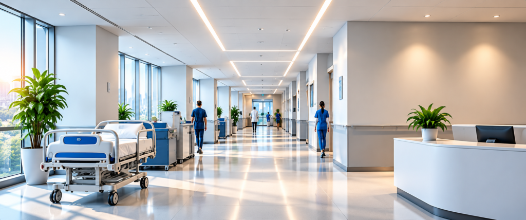 Modern Hospital Corridor with Staff and Gurney