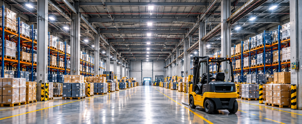 Modern Warehouse Aisle with Forklift