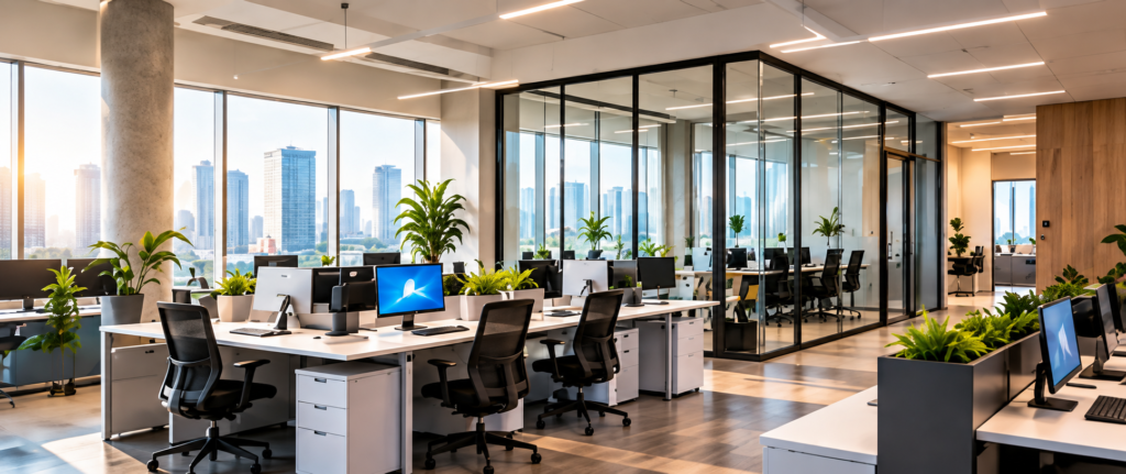 Sunlit Biophilic Office with City Views